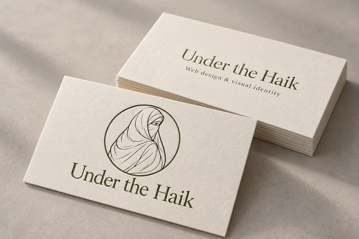 Cream textured business cards with the Under the Haik logo and olive serif lettering